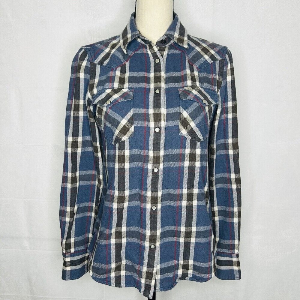 Lauren Jeans Co Pearl Snap Flannel Shirt Sz S Blue White Gray Plaid Ralph Lauren